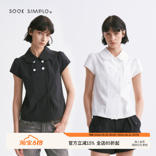 SEEKSIMPLE 100长绒棉 双排贝壳扣短款娃娃领短袖衬衫