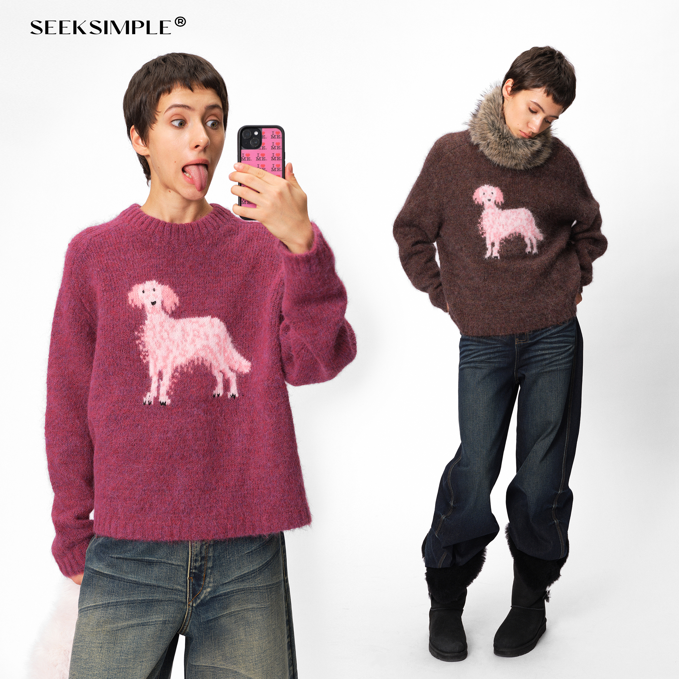 SEEKSIMPLE   冬季粉色小狗图案羊驼毛套头圆领宽松毛衣针织内搭