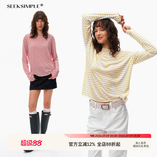 SEEKSIMPLE 麻感纱线|宽松显瘦|条纹卷边宽松居家长袖t恤D0445