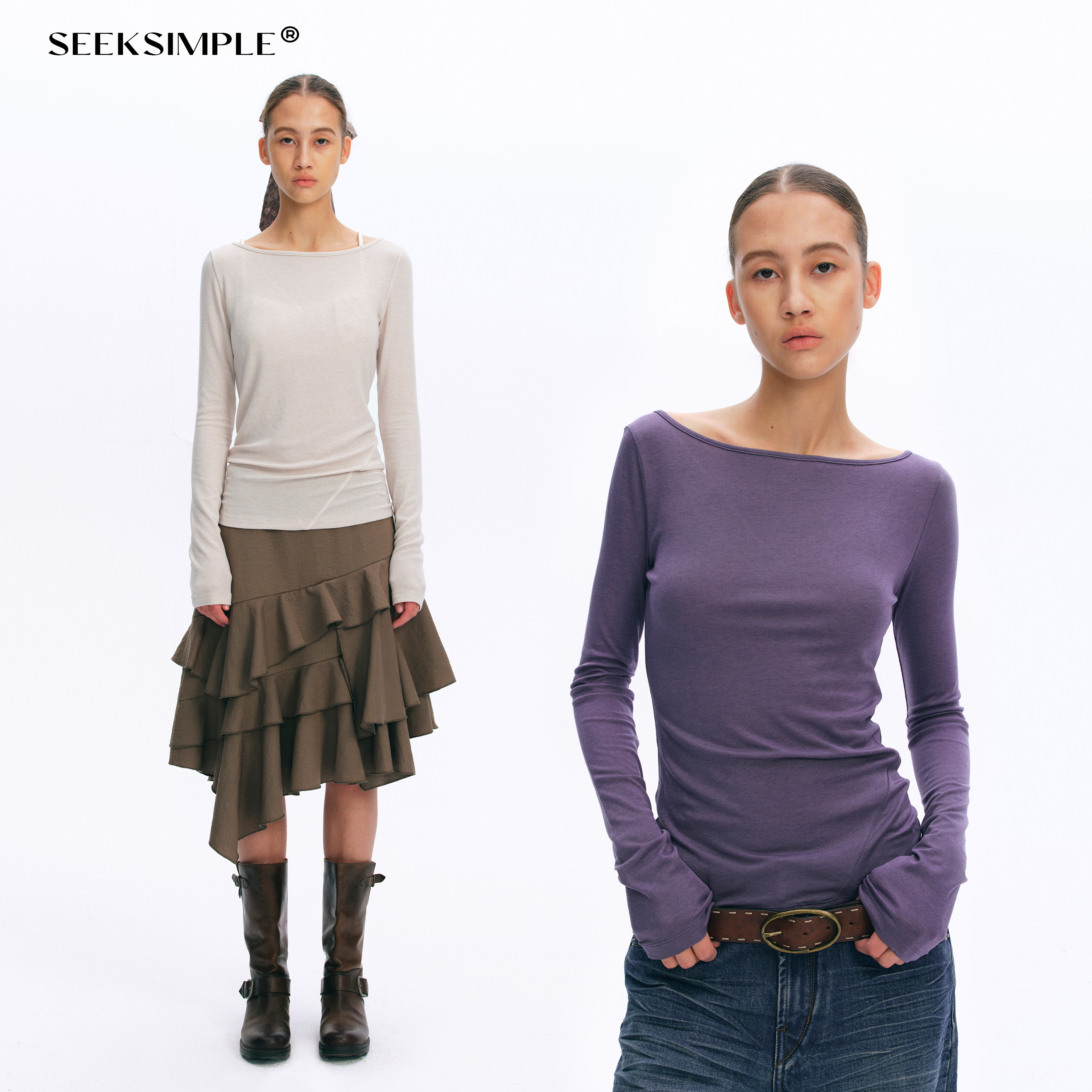 羊毛混纺船领分割线长袖T恤