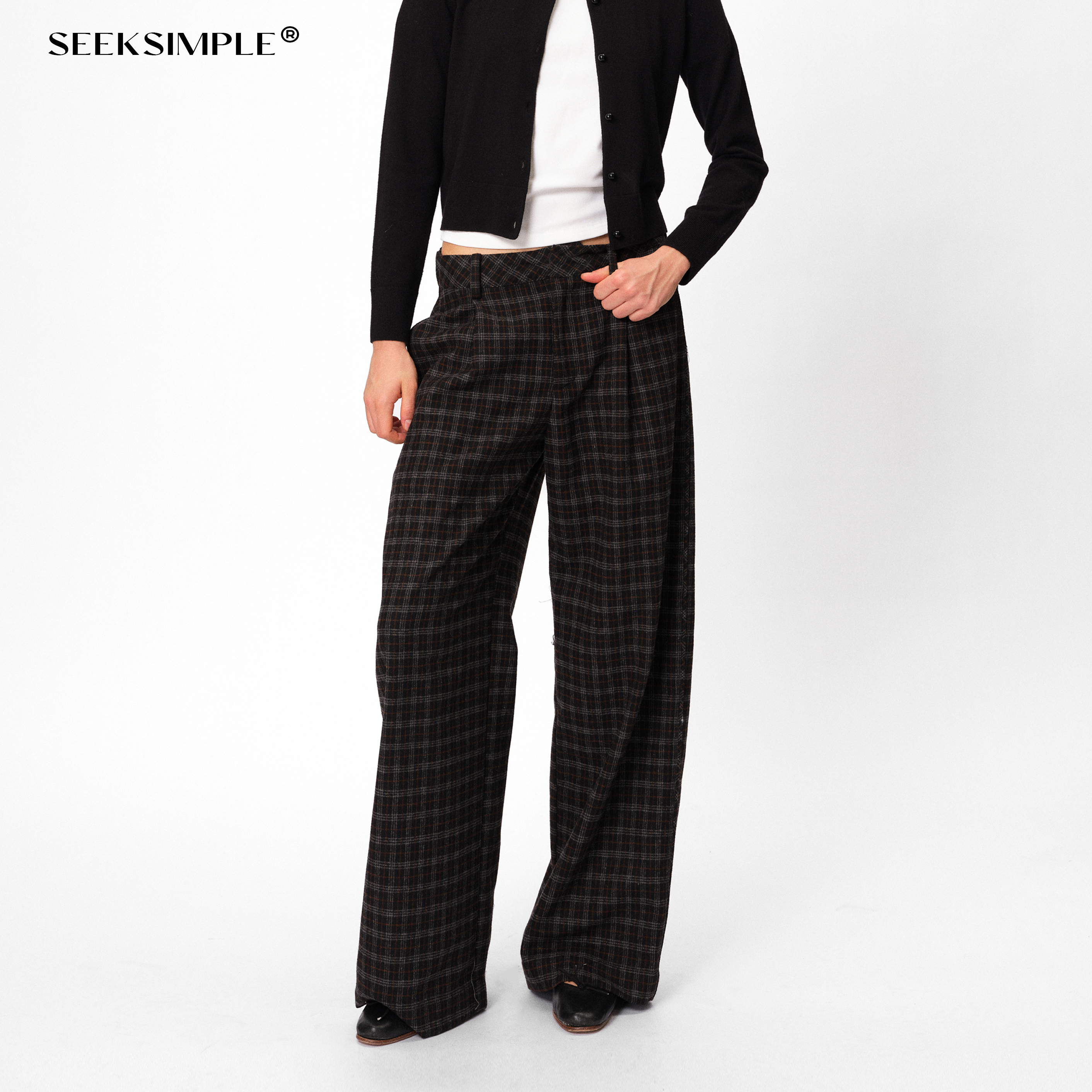 SEEKSIMPLE 冬季绵羊毛弹力松紧腰宽松显瘦抗皱黑白格纹休闲长裤