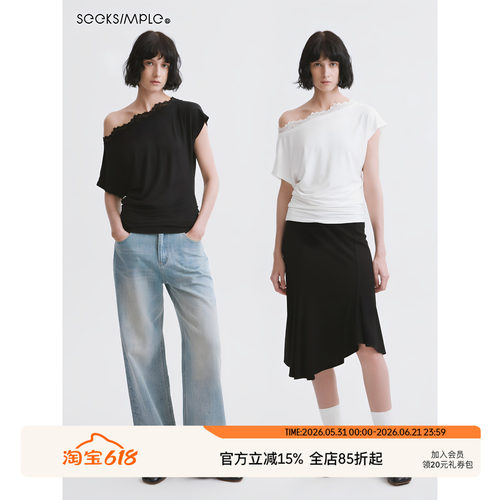 SEEKSIMPLE 亲肤蕾丝斜肩设计感宽松短袖T恤上衣