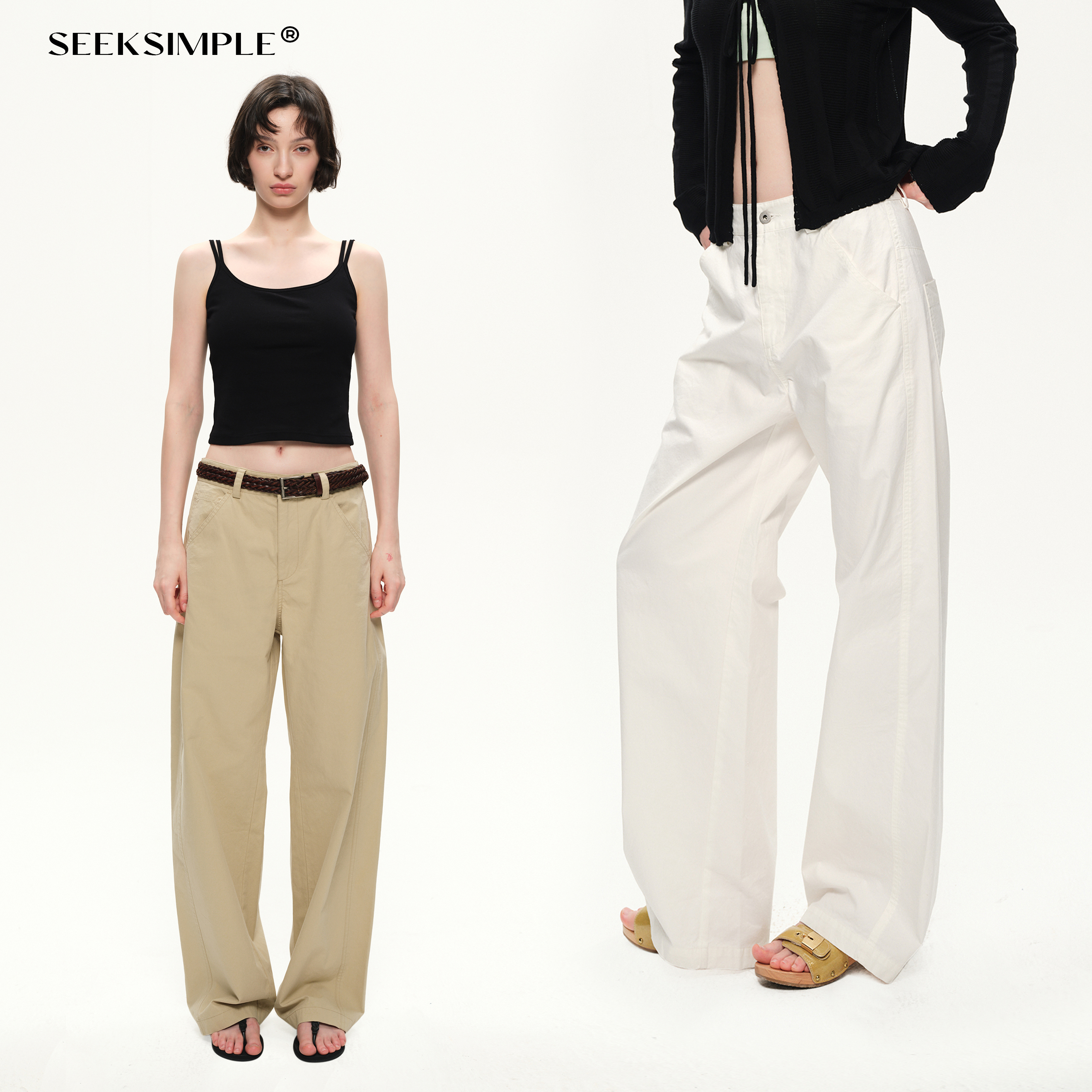 SEEKSIMPLE 纸感棉材质|挺括有筋骨|中低腰微皱宽松直筒休闲长裤