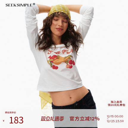 SEEKSIMPLE 高密棉纺|水果印花|复古正肩长袖短款t恤上衣