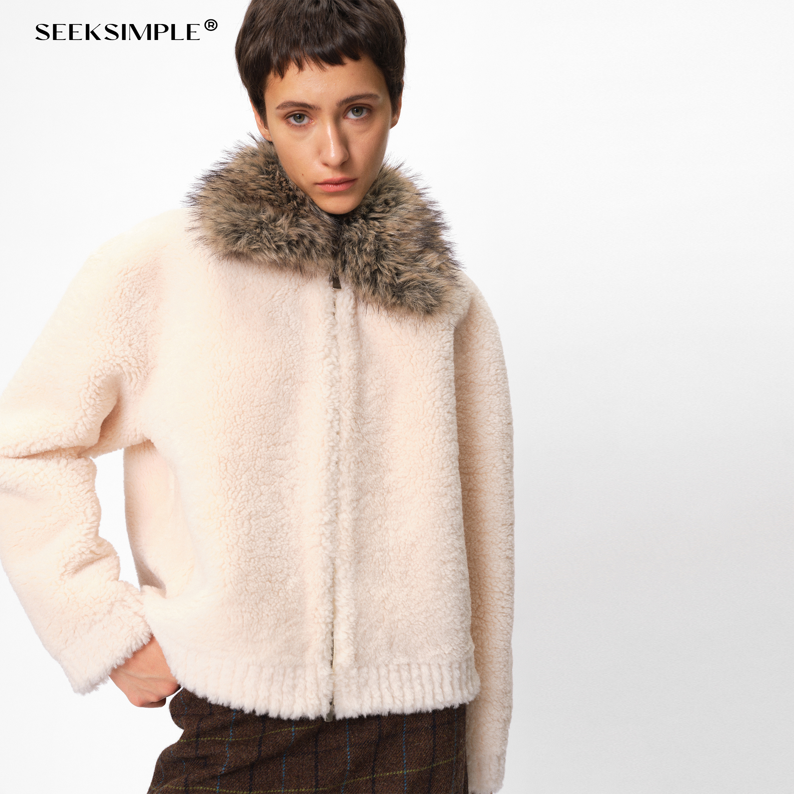 SEEKSIMPLE  可拆仿皮草毛领皮毛一体外套女冬季宽松显瘦毛毛外套