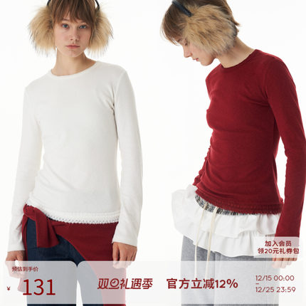 SEEKSIMPLE 蕾丝花边打底衫修身显瘦t恤长袖内搭上衣女2024秋冬