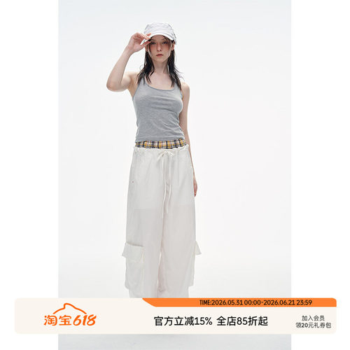 松紧腰休闲运动裤松紧腰格纹拼接