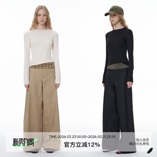 女 设计感慵懒垂感宽松阔腿长裤 SEEKSIMPLE 腰头拼接格纹休闲裤