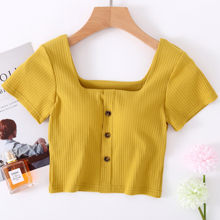 衫 纯棉露脐短袖 T恤带胸垫女夏罩杯一体方领纽扣螺纹外穿打底半袖