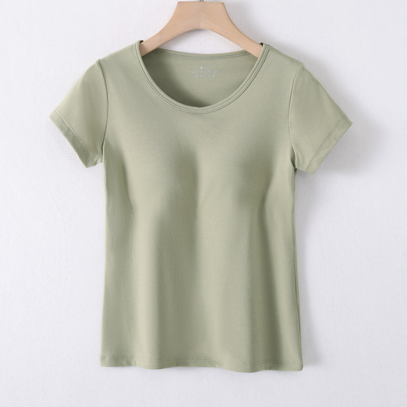 莫代尔棉短袖T恤带胸垫圆领文胸薄罩杯一体纯色简约外穿常规半袖
