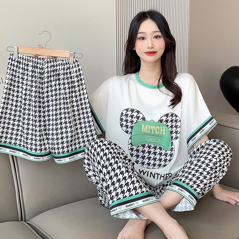 新款2023冰丝睡衣女装夏季薄款三件套仿真丝绸凉感家居服休闲套装
