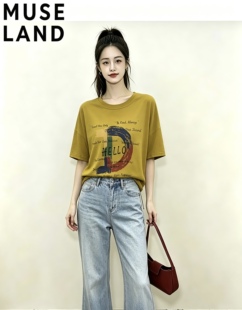MUSE LAND 姜黄色涂鸦字母短袖T恤女 夏季美式复古宽松显瘦上衣