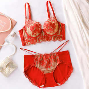 本命年红色蕾丝纯欲内衣女大胸显小上托收副乳小胸性感聚拢文胸罩