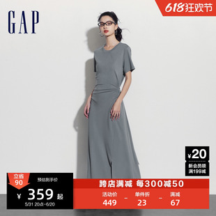 Gap女装 新款 不对称系带搭片碎褶短袖 连衣裙长裙465828 2024夏季