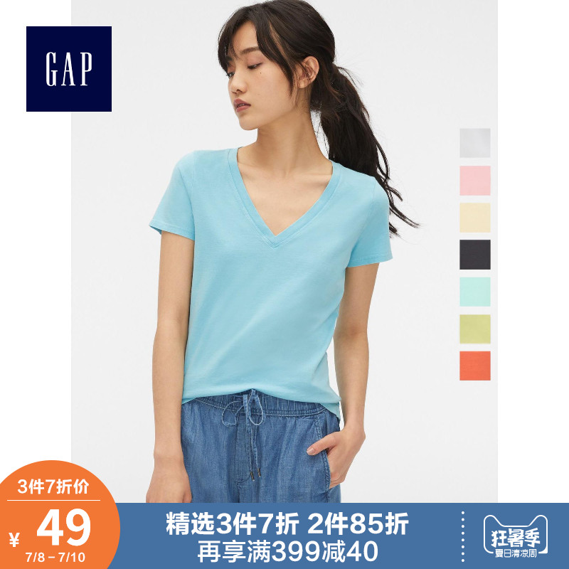 Gap女装纯棉短袖T恤夏季283152 基础款休闲V领上衣女士薄款衣服