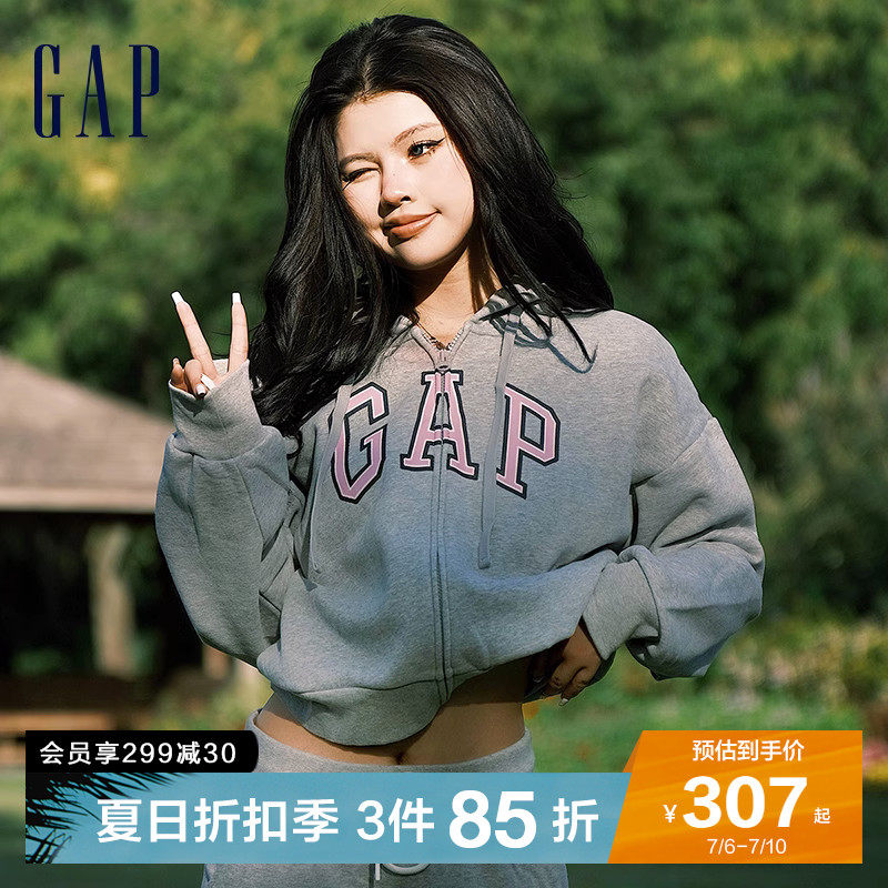 Gap女装春季美式复古LOGO碳素软磨抓绒短款连帽卫衣445808辣妹风