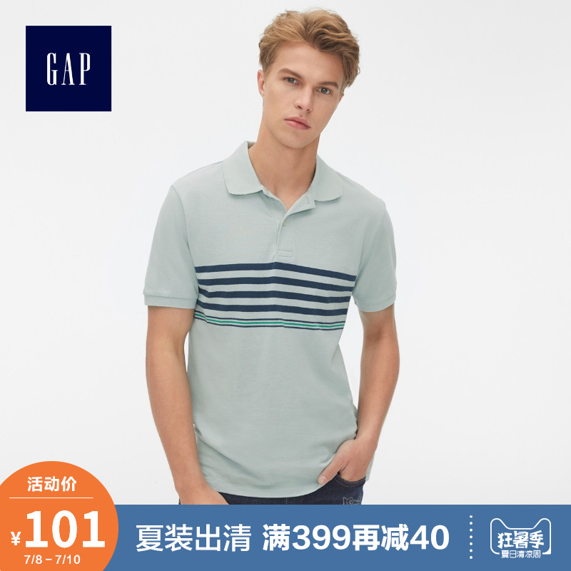 Gap男装纯棉短袖Polo衫夏季436780 E 2019新款男士条纹翻领上衣潮