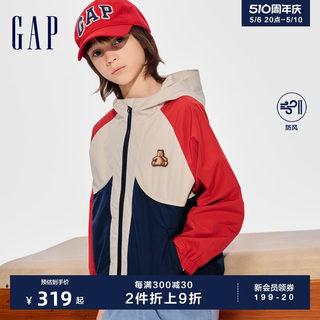 Gap男童2024春季新款防风魔术贴小熊logo连帽外套撞色夹克401265