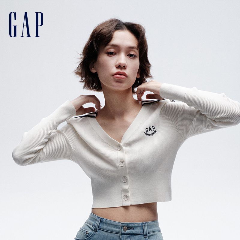 Gap女装2024春季新款刺绣logo海军领撞色针织开衫修身上衣8900