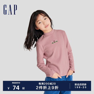 Gap女童春夏LOGO半高领磨毛舒适T恤儿童装 洋气时髦休闲上衣789235