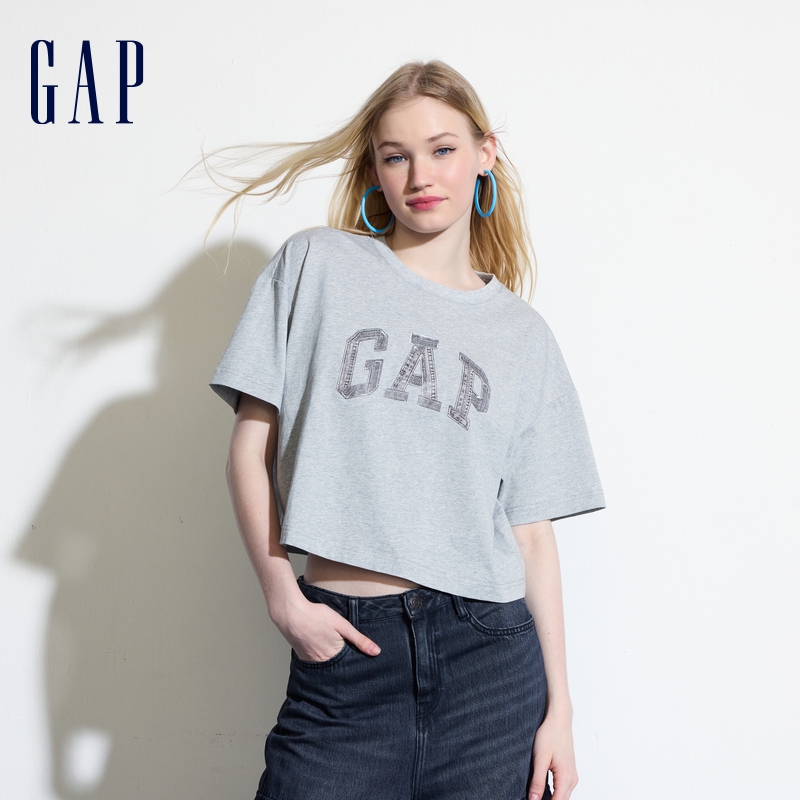 Gap女装情侣款2024夏季新款牛仔拼接logo短袖T恤简约上衣4963