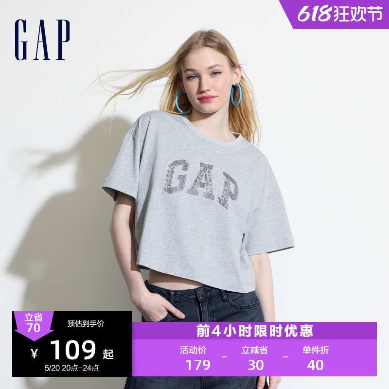 Gap女装情侣款2024夏季新款牛仔拼接logo短袖T恤简约上衣496354