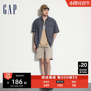 简约翻领短袖 时尚 新款 Gap男装 衬衫 2024夏季 宽松纯棉上衣461256