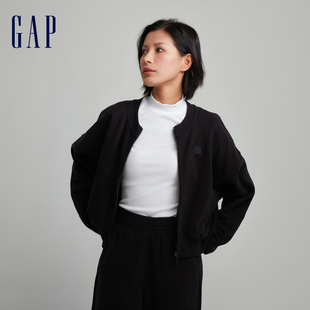 Gap女装春秋LOGO碳素软磨抓绒柔软运动卫衣休闲棒球领外套811481