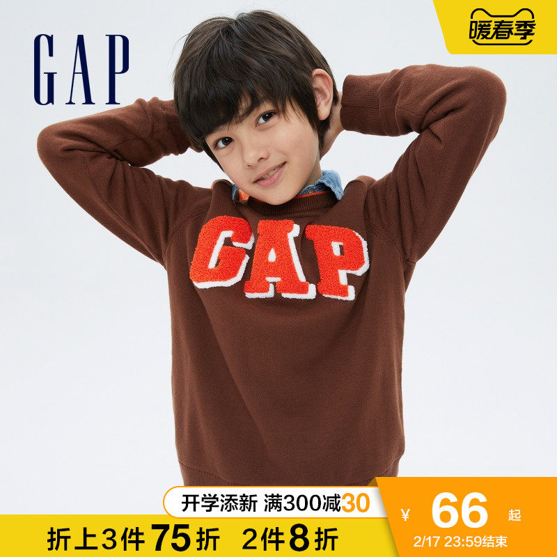 Gap男幼童大童LOGO加绒羊毛混纺抓绒毛衣 春季新款童装洋气上衣潮