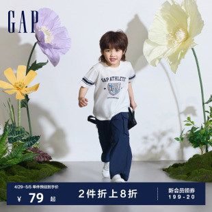 纯棉数字logo短袖 上衣890534 T恤复古风儿童装 新款 Gap男童2024夏季