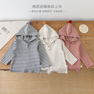 条纹打底衫 男女宝宝婴幼儿童纯棉连帽t恤长袖 a类上衣 新款 25秋冬季
