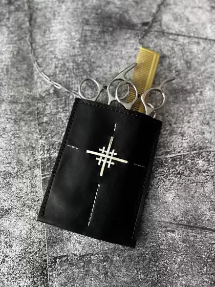 Original Design Barber Scissors Bag in Black Vegetable-Tanned Cowhide with Vintage Wash and Silver Crossbody Strap