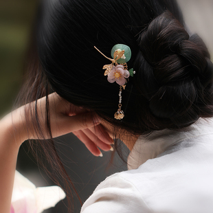 嫣然摇动国风荷花发夹复古侧耳东陵玉边夹发饰高级感礼服头饰