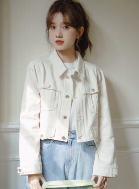韩系温柔风奶白色正肩短款牛仔外套小个子女生cargo工装风牛仔褂