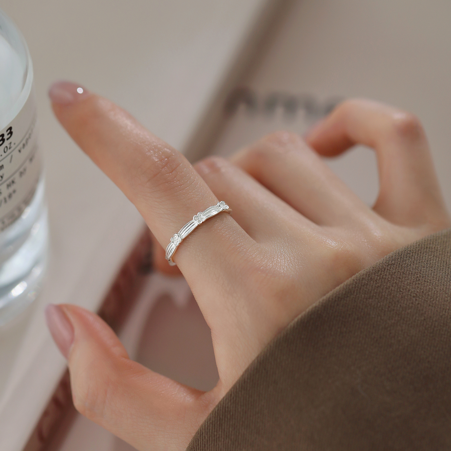 巷南925纯银花朵戒指开口戒小众