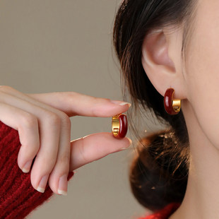 【巷南】925银红色复古耳圈小众设计耳环2026马过新年耳钉女耳饰