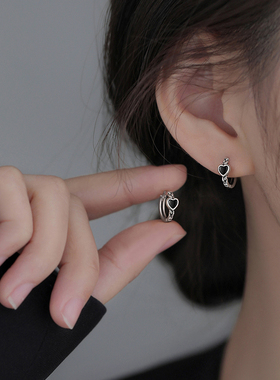 【巷南】999银黑色爱心耳圈女耳环2025新款爆款小众轻奢高级耳饰