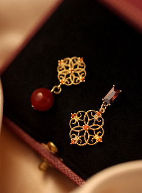 【巷南】999银红玛瑙花片耳钉轻奢耳环2026马本命年女耳饰过新年