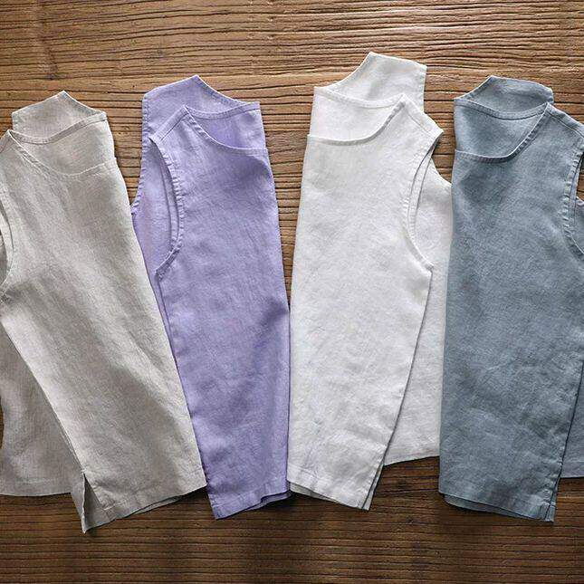 日系复古纯亚麻背心女打底无袖上衣外穿宽松大码棉麻