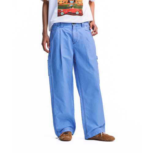 蓝色宽松阔腿裤男休闲直筒工装长裤牛仔裤