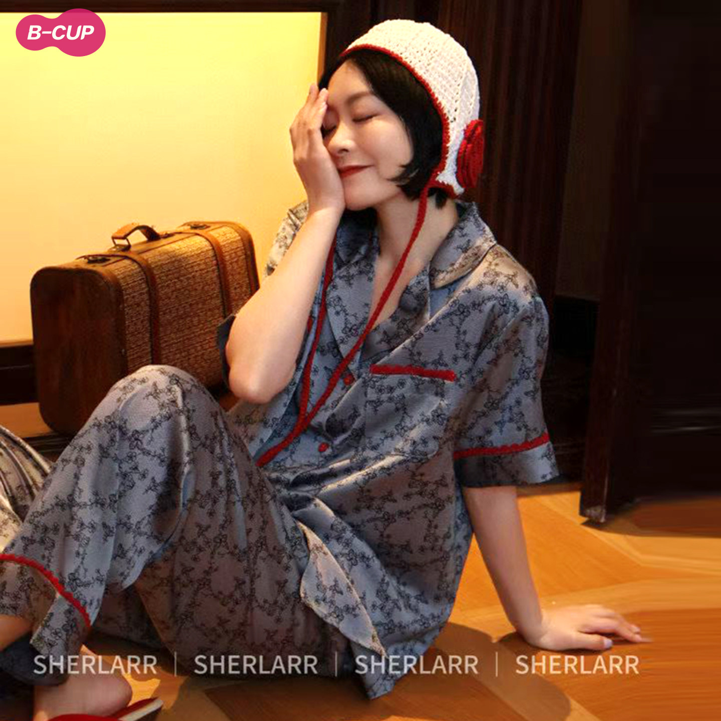 奢拉复古蓝色格子真丝睡衣女夏季短袖长裤俏皮蕾丝碎花性感家居服