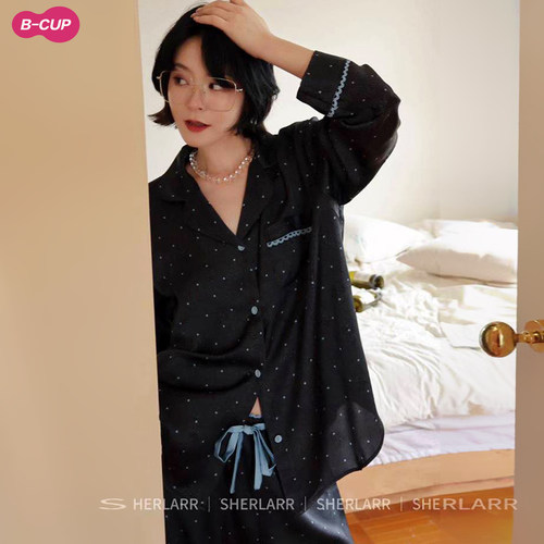 奢拉老钱黑色波点真丝睡衣女长袖长裤法式复古冰丝衬衫套装可外穿