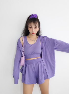 春季新款紫色宽松休闲长袖衬衫外套显瘦短裤三件套百搭女辣妹上衣