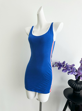 夏季韩版蓝色拼接撞色背心裙女收腰包臀性感紧身弹力A字连衣裙潮
