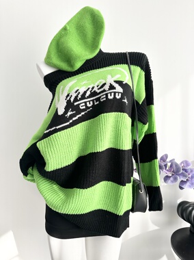 秋冬新款街头韩系chic绿色撞色条纹针织衫女宽松慵懒风毛衣上衣潮