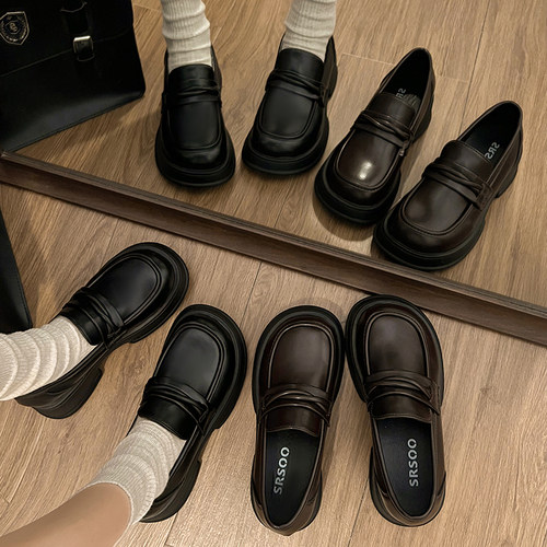 鞋子女2026新款乐福鞋粗跟小皮鞋