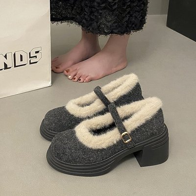 复古粗跟加绒气质毛毛玛丽珍女鞋