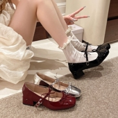 芭蕾玛丽珍女鞋 单鞋 女粗跟高跟鞋 银色法式 百搭气质配裙子小皮鞋