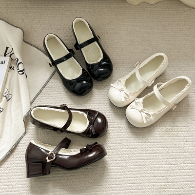 法式复古玛丽珍女鞋粗跟加绒单鞋