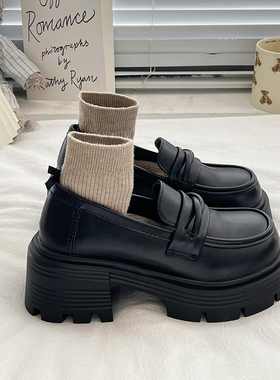 黑色单鞋女春秋新款乐福小皮鞋小个子松糕女鞋粗跟英伦风厚底鞋子